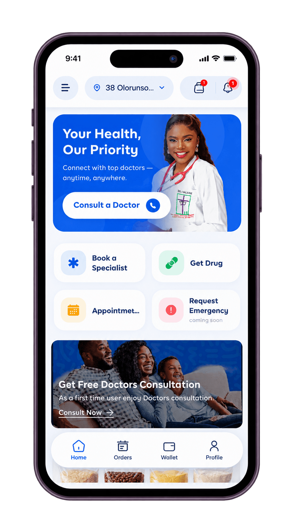 MyDocki app home screen with doctor consultations and everyday healthcare services