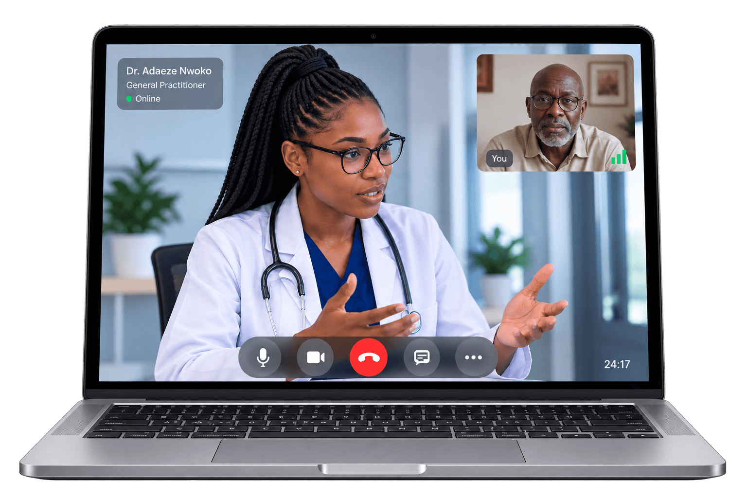 MyDocki laptop video consultation showing a doctor, patient video window and consultation controls