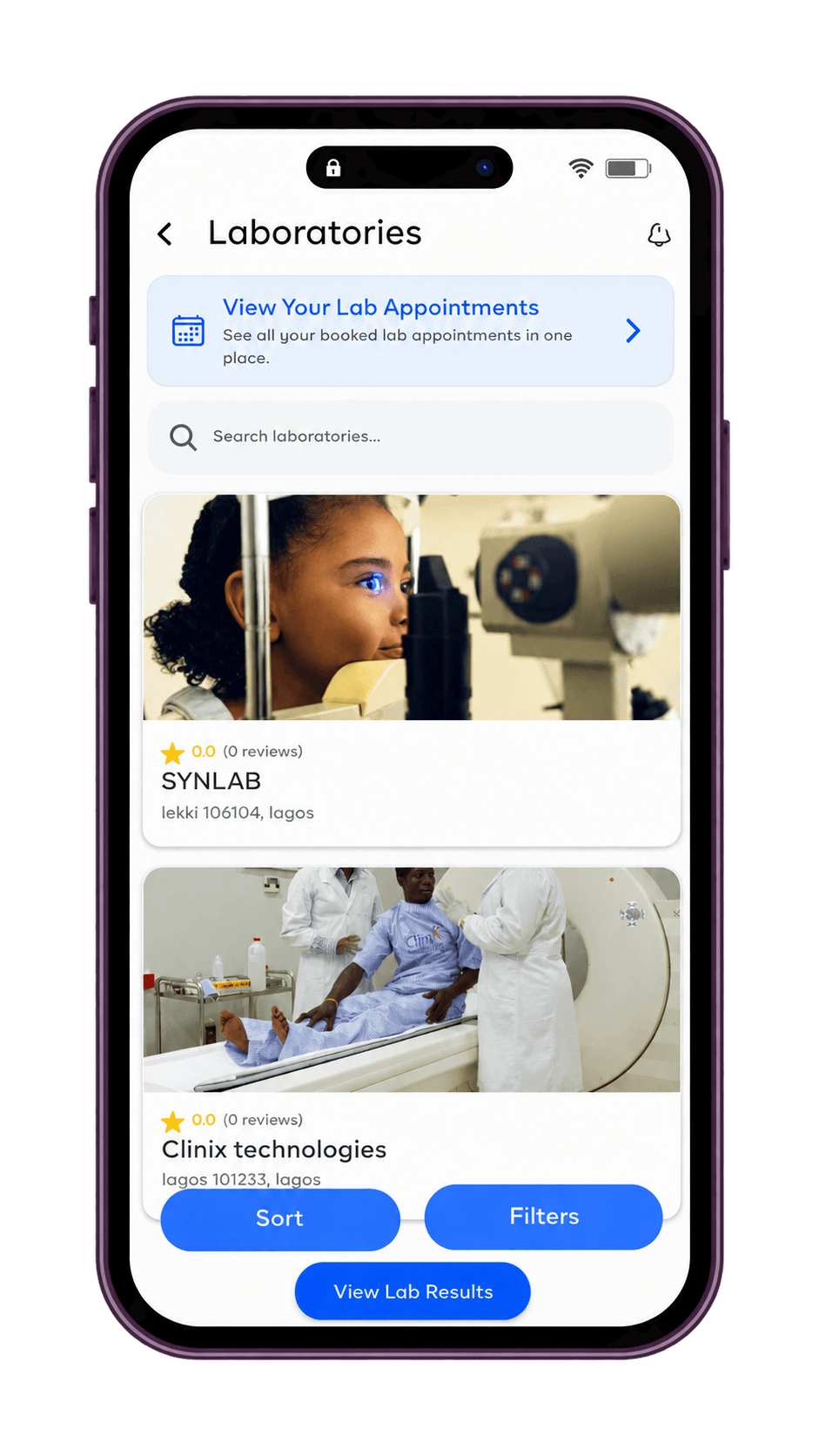 MyDocki laboratory app screen with laboratory discovery, test appointments and access to lab results