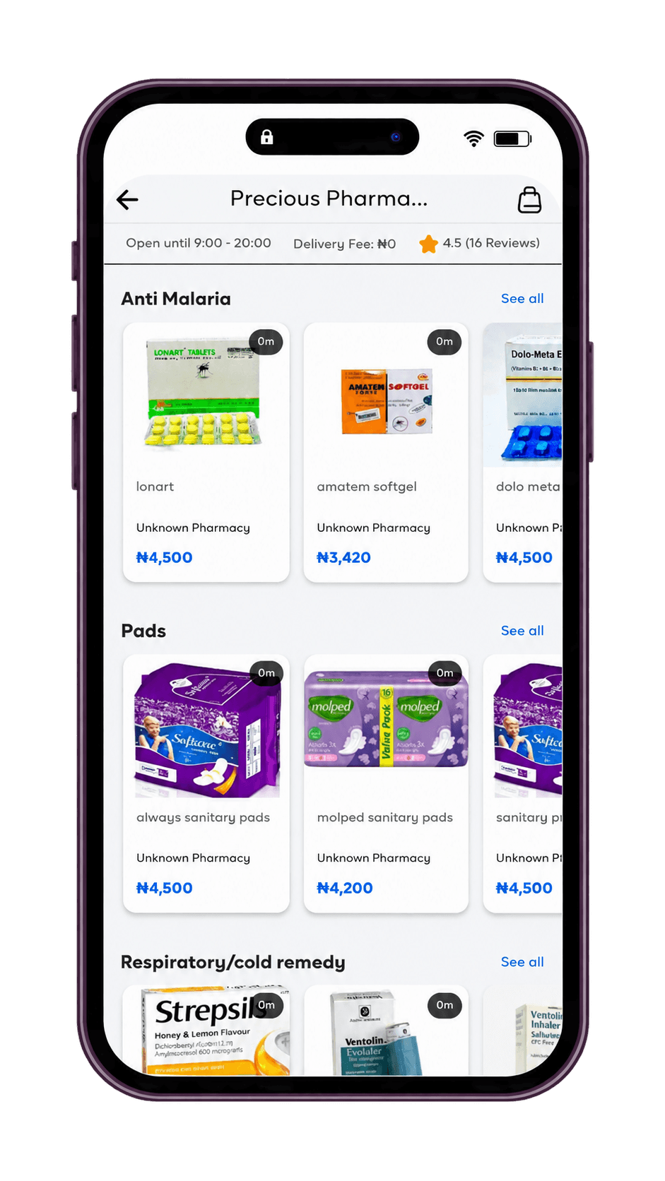 MyDocki pharmacy storefront showing medicines and pharmacy products in the app